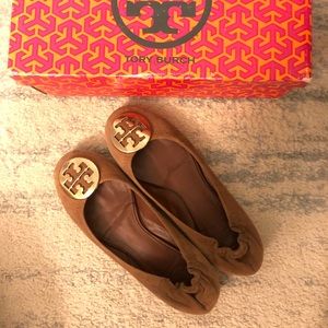 Tory Burch Tan Suede Medallion Ballet Flats